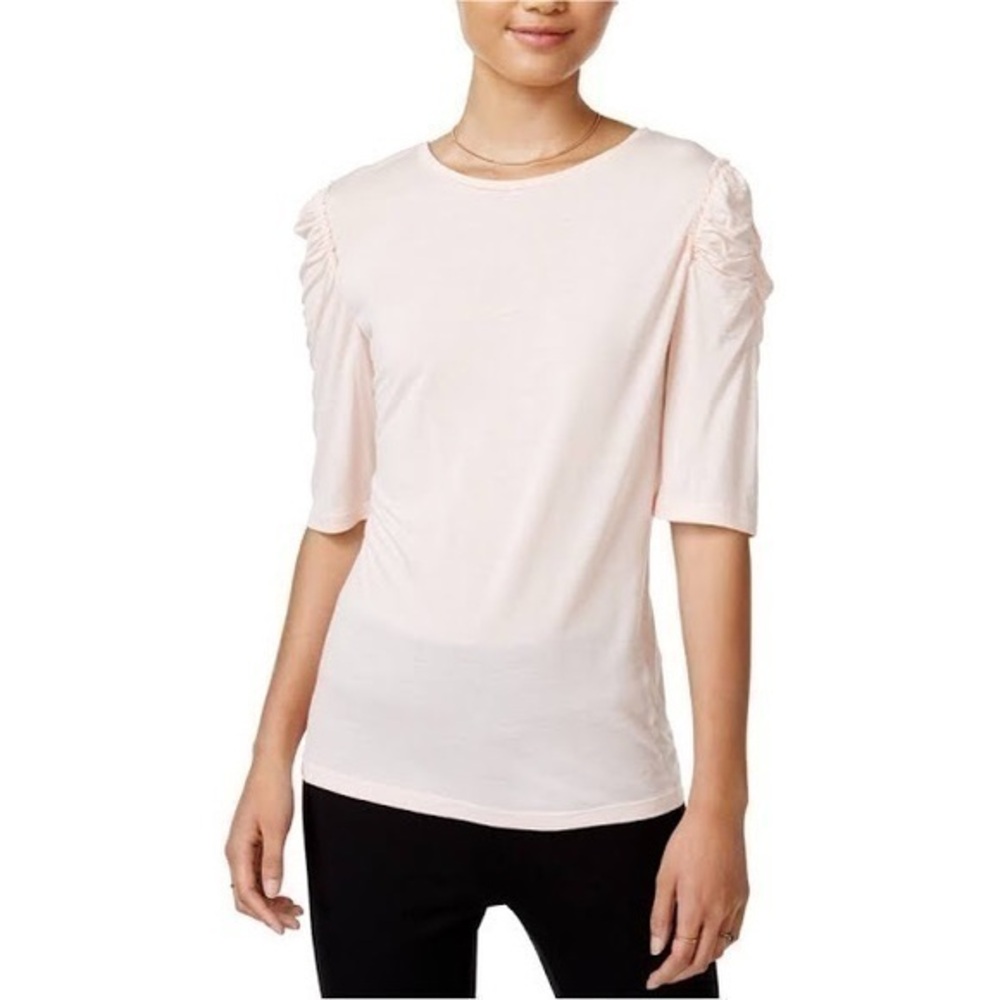 Bar III Womens Crew-Neck Ruched-Shoulder Top